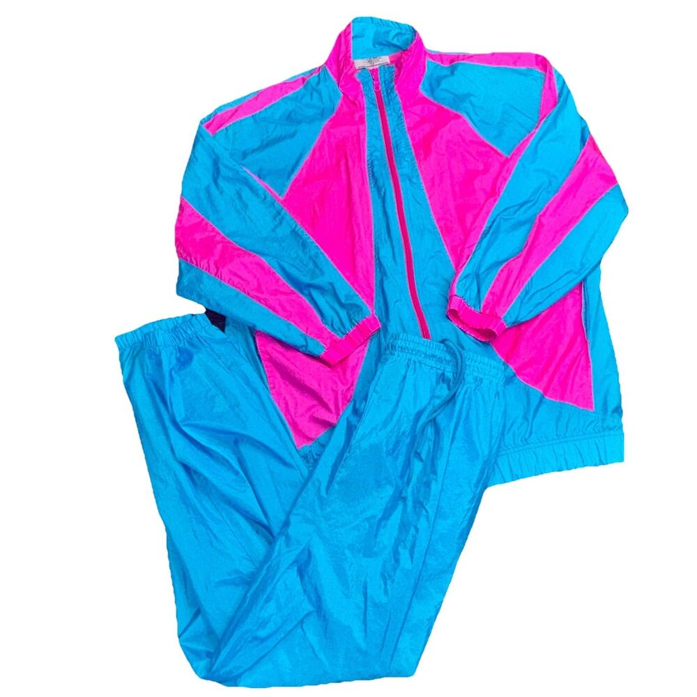 Vintage 90s Bridge Gate Sz L Nylon Jacket & Pants Blue/Pink Windbreaker Outfit